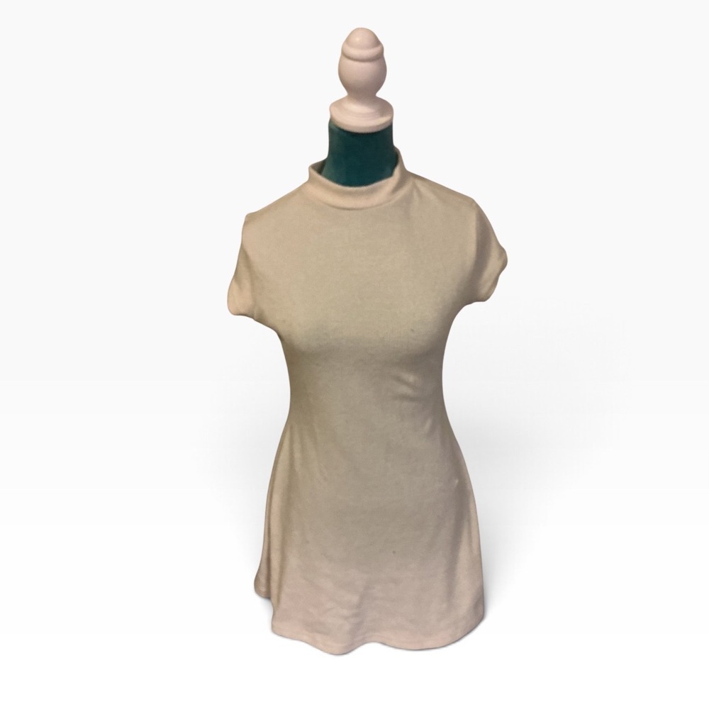Womens Cream Ribbed Knit Mock Neck Short Sleeve Fit and Flare Mini Dress